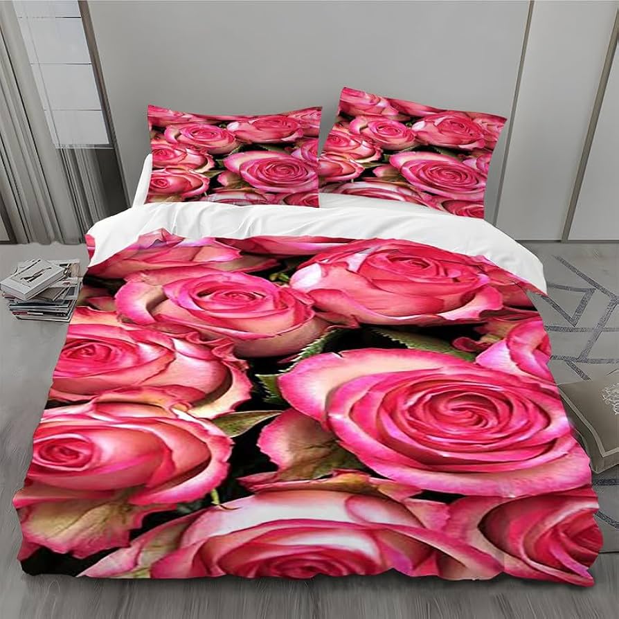 Amazon｜ピンクのバラ布団カバー クイーン花の緑寝具カバー3点